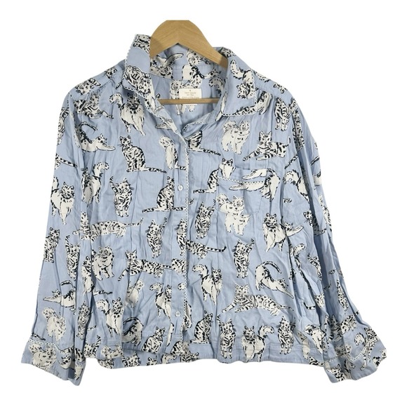 Kate Spade Blue White Cat Print Short Sleeve Pajama Top Kitty Soft Comfy - Picture 2 of 8